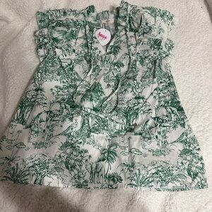 Entro Green and White Botanical Blouse with Gathered Neckline